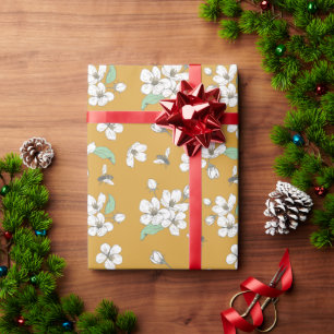 Honey Bees and Cherry Blossom Light Amber Seamless Wrapping Paper
