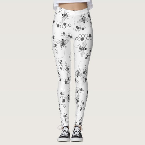 Honey Bees and Clover Black and White Leggings