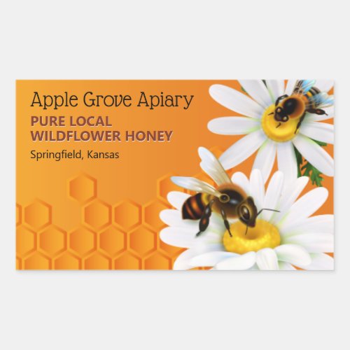 Honey Bees and Daisy Flowers Honey Jar Rectangular Sticker