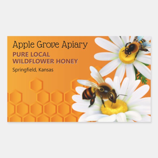 Honey Bees and Daisy Flowers Honey Jar Rectangular Sticker (Front)