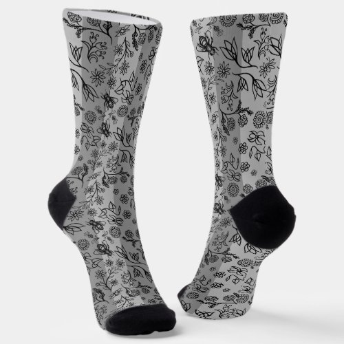 Honey Bees and Flowers Striped Floral Pattern Grey Socks