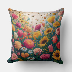 Honey Bees and Flowers Throw Pillow