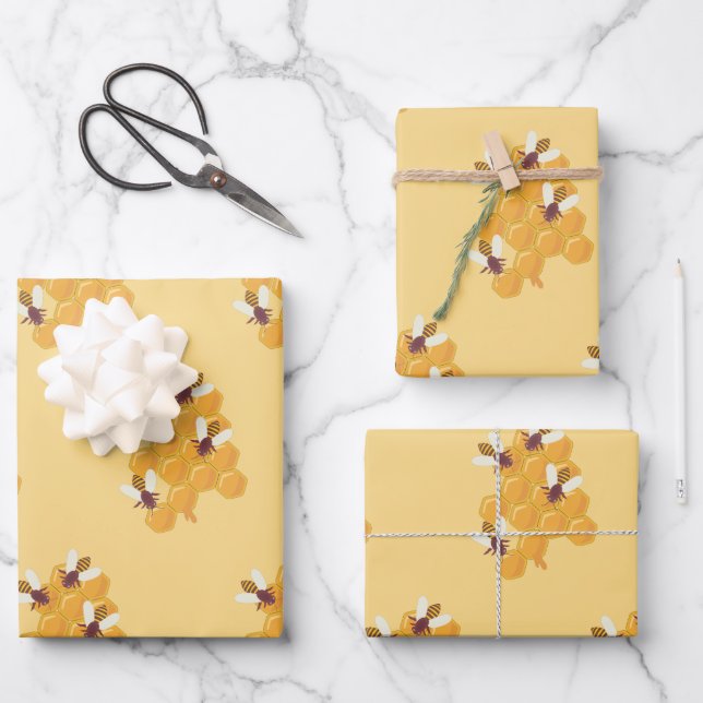 Honey Bees and Honeycomb Design Wrapping Paper Sheets (Front)