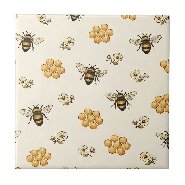 Honey Bees and Honeycomb Seamless Pattern Ceramic Tile (Front)