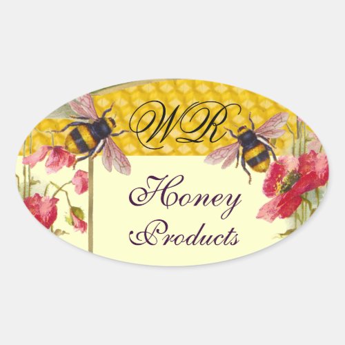 HONEY BEES AND RED POPPIES BEEKEEPER MONOGRAM OVAL STICKER