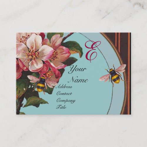 HONEY BEES AND WILD ROSES IN SKY BLUE MONOGRAM BUSINESS CARD