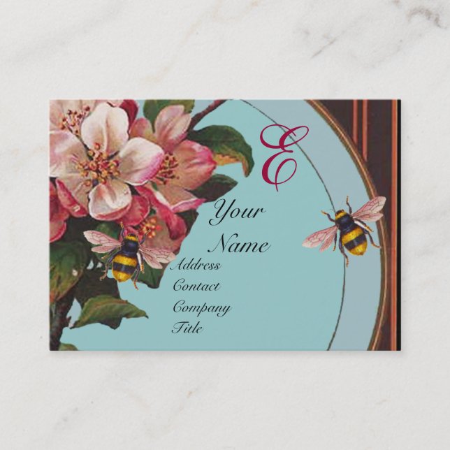 HONEY BEES AND WILD ROSES IN SKY BLUE MONOGRAM BUSINESS CARD (Front)