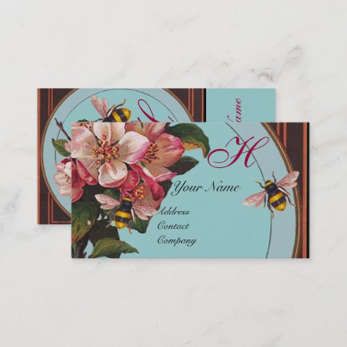 HONEY BEES AND WILD ROSES IN SKY BLUE MONOGRAM BUSINESS CARD