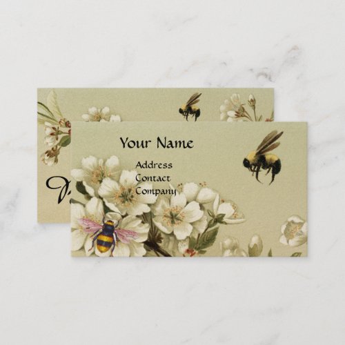 HONEY BEES AND WILD ROSES MONOGRAM Pearl Business Card