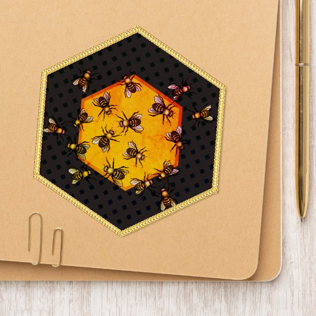 Honey Bees Art Orange Black Graphic Hexagon Modern Patch (On Folder)