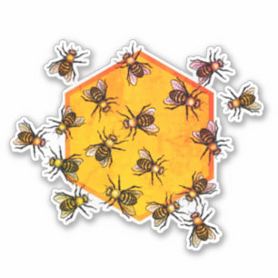 Honey Bees Art Orange Black Graphic Hexagon Modern Sticker