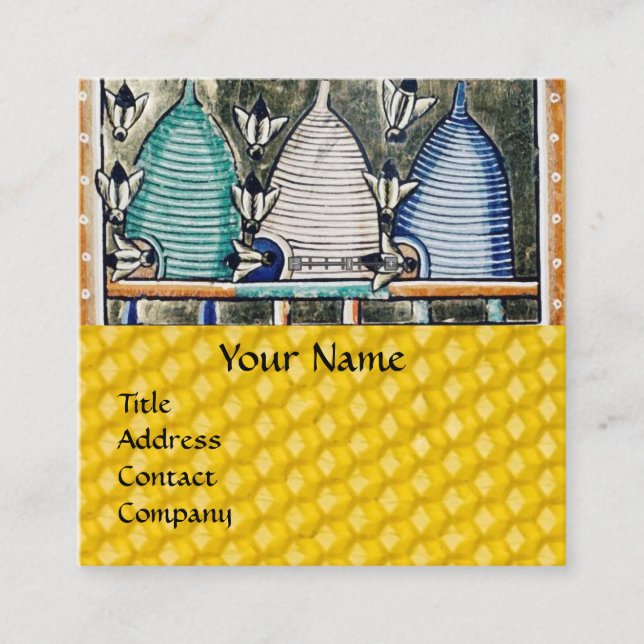 HONEY BEES,BEE HIVES, Medieval Beekeeper Monogram Square Business Card (Front)