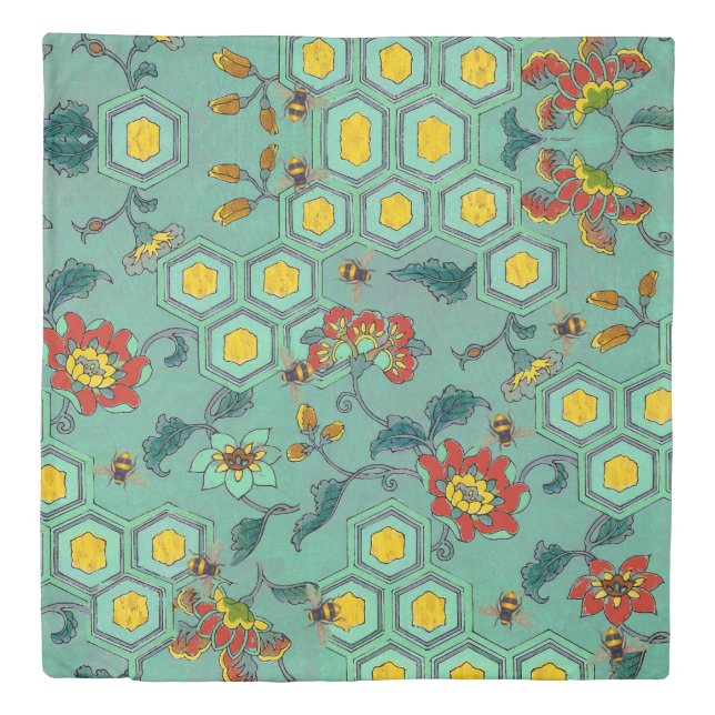 HONEY BEES,BEEHIVES,SPRING FLOWERS BEEKEEPER Green Duvet Cover (Front)