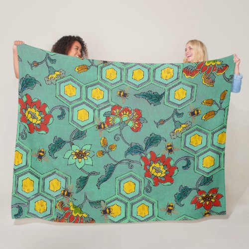 HONEY BEESBEEHIVESSPRING FLOWERS BEEKEEPER Green Fleece Blanket