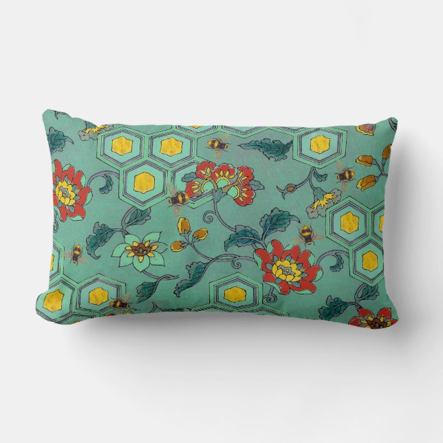 HONEY BEES,BEEHIVES,SPRING FLOWERS BEEKEEPER Green Lumbar Pillow (Front)