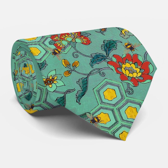HONEY BEES,BEEHIVES,SPRING FLOWERS BEEKEEPER Green Neck Tie (Rolled)