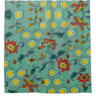 HONEY BEES,BEEHIVES,SPRING FLOWERS BEEKEEPER Green Shower Curtain