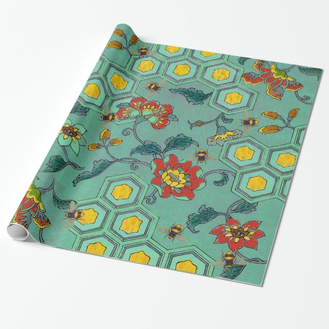 HONEY BEES,BEEHIVES,SPRING FLOWERS BEEKEEPER Green Wrapping Paper (Unrolled)