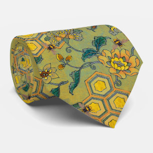 HONEY BEES,BEEHIVES,SPRING FLOWERS Green Yellow Neck Tie