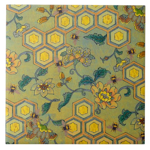 HONEY BEESBEEHIVESSPRING FLOWERS Yellow Green Ceramic Tile