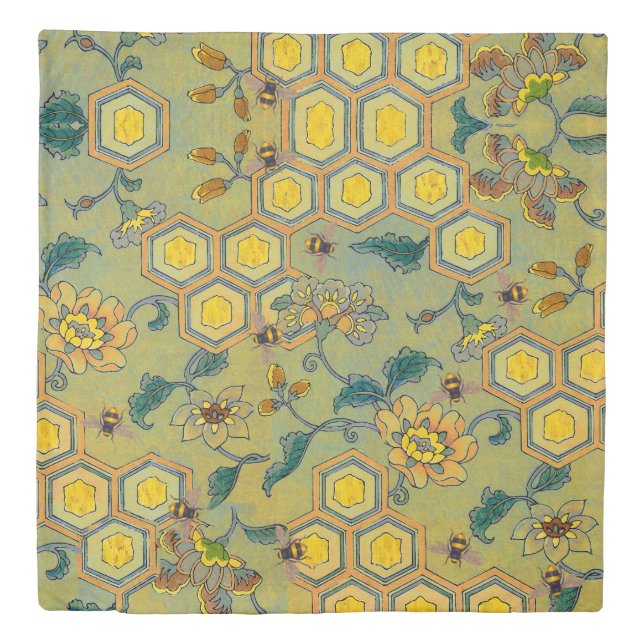 HONEY BEES,BEEHIVES,SPRING FLOWERS Yellow Green Duvet Cover (Front)