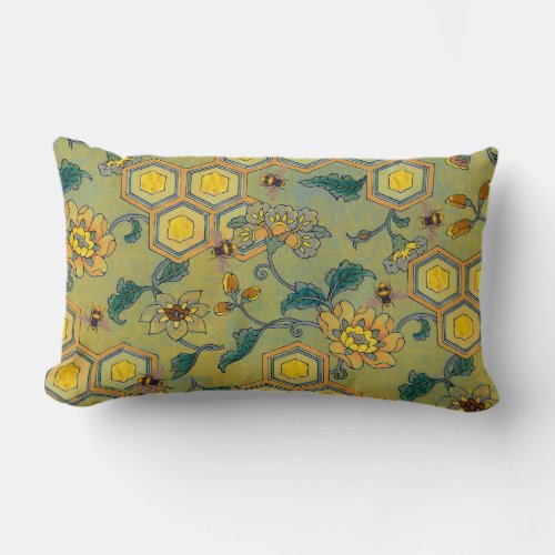 HONEY BEESBEEHIVESSPRING FLOWERS Yellow Green Lumbar Pillow