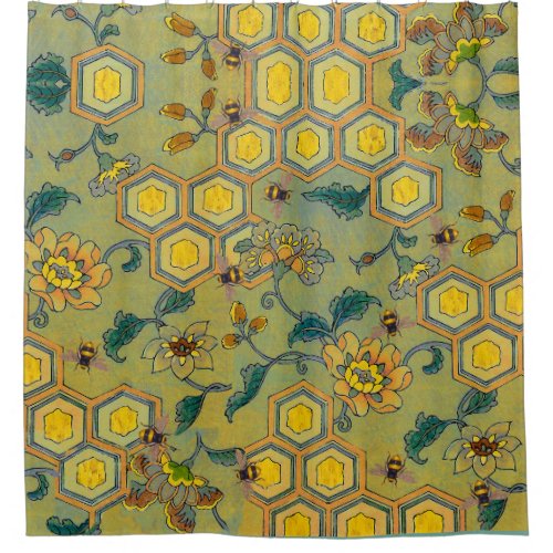 HONEY BEESBEEHIVESSPRING FLOWERS Yellow Green Shower Curtain