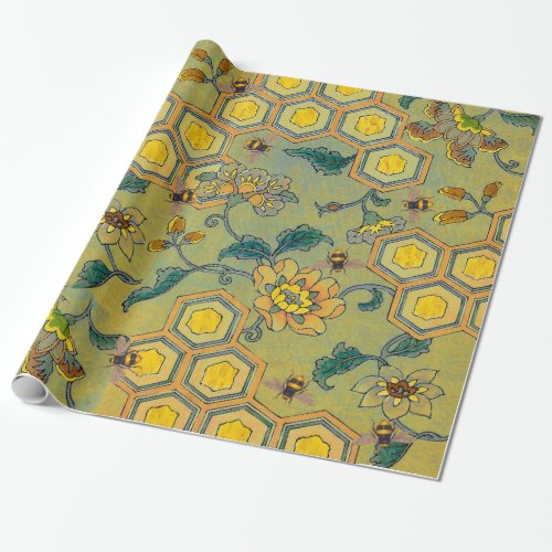 HONEY BEESBEEHIVESSPRING FLOWERS Yellow Green Wrapping Paper