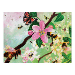 Honey Bees, Bumblebees & Spring Blossoming Tree Poster