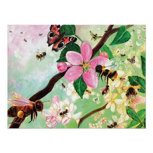 Honey Bees, Bumblebees & Spring Blossoming Tree Poster (Front)