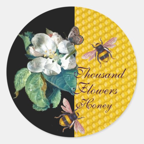 HONEY BEES BUTTERFLY AND WHITE FLOWER CLASSIC ROUND STICKER