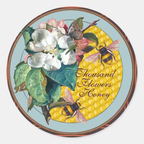 HONEY BEESBUTTERFLYWHITE FLOWER AND WILD ROSES CLASSIC ROUND STICKER