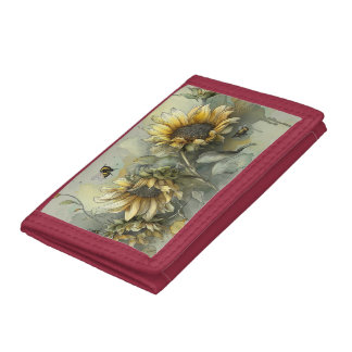 Honey bees buzz around Sunflowers Tri-fold Wallet