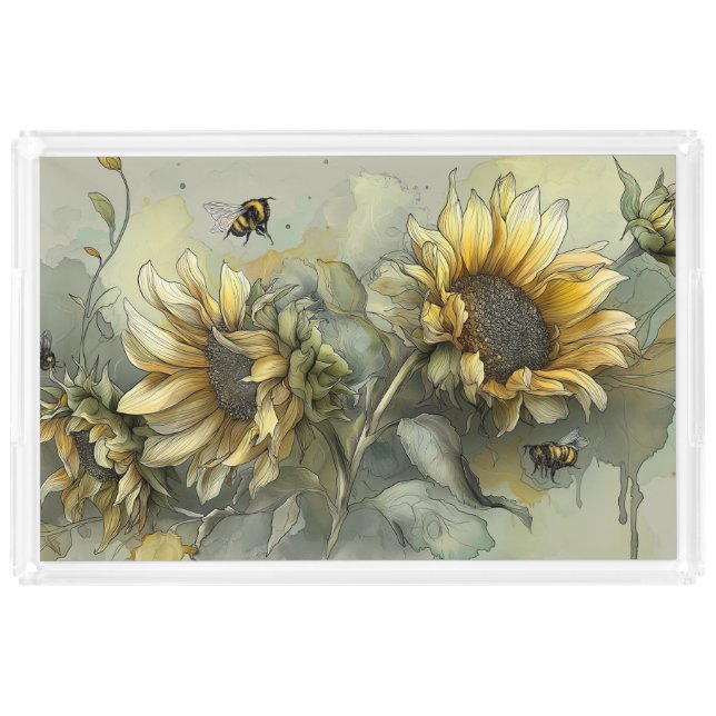Honey bees buzzing around Sunflowers Acrylic Tray (Front)