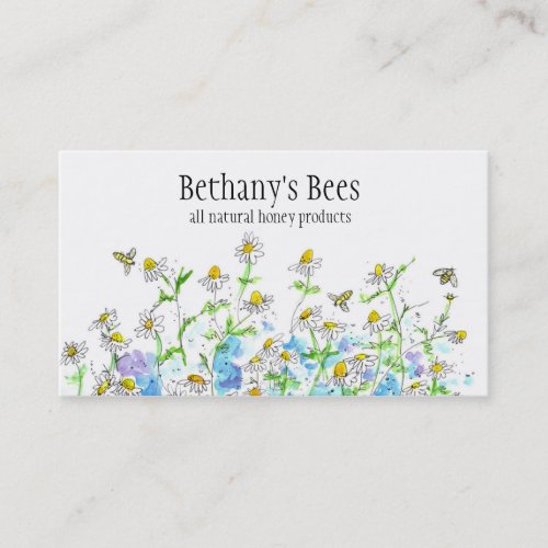 Honey Bees Chamomile Flowers Drawing Business Card