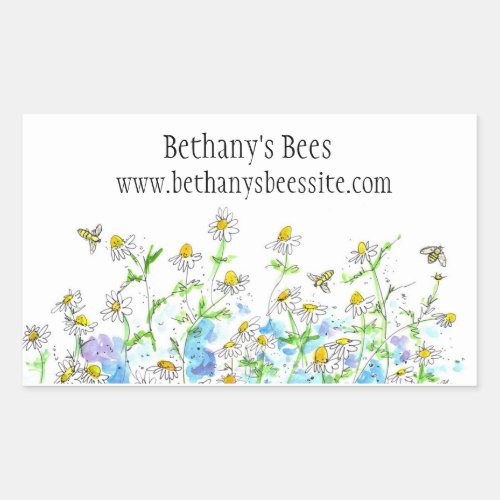 Honey Bees Chamomile Flowers Drawing Custom Name Rectangular Sticker