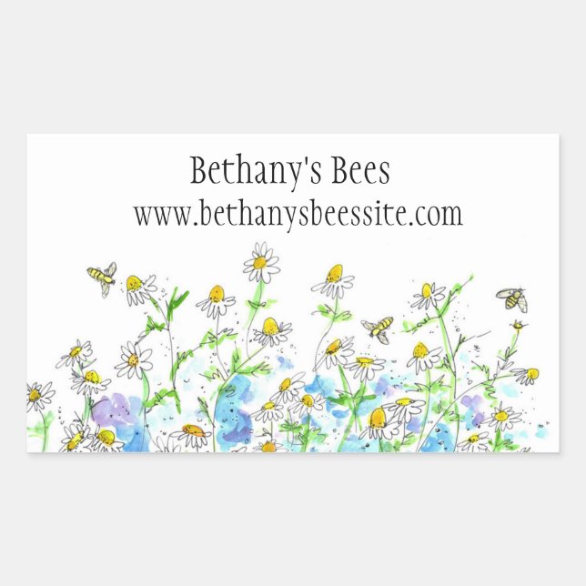 Honey Bees Chamomile Flowers Drawing Custom Name Rectangular Sticker (Front)