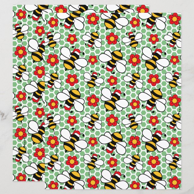 Honey Bees Christmas Scrapbook Paper in Green (Front/Back)