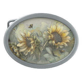 Honey bees dance and buzz amongst the sunflowers belt buckle