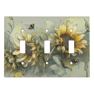 Honey bees dance and buzz amongst the sunflowers light switch cover