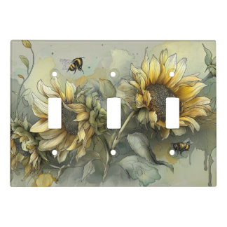 Honey bees dance and buzz amongst the sunflowers light switch cover