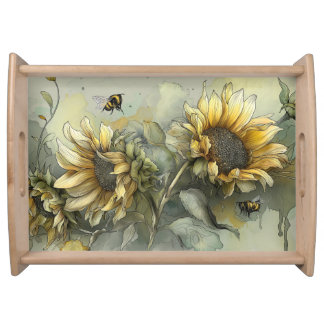 Honey bees dance and buzz amongst the sunflowers serving tray