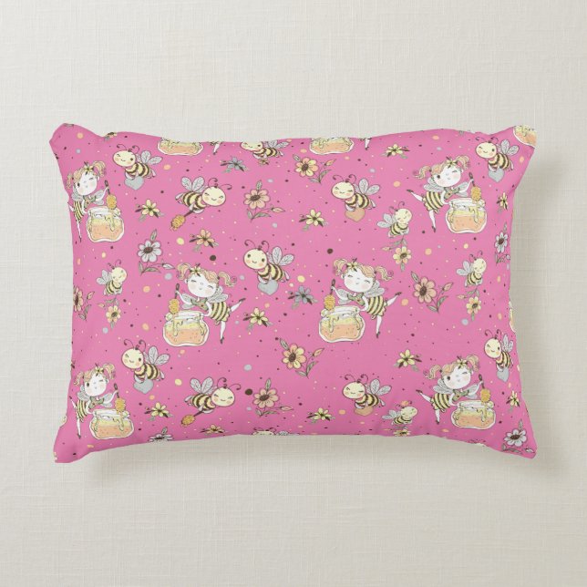 Honey Bees, Fairy & Baby Bees In Seamless Pattern Accent Pillow (Front)