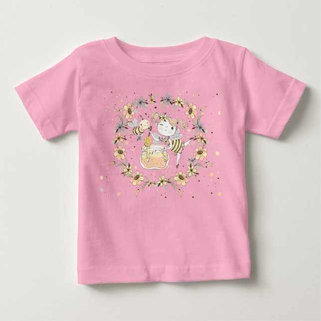 Honey Bees, Fairy & Baby Bees In Seamless Pattern Baby T-Shirt (Front)