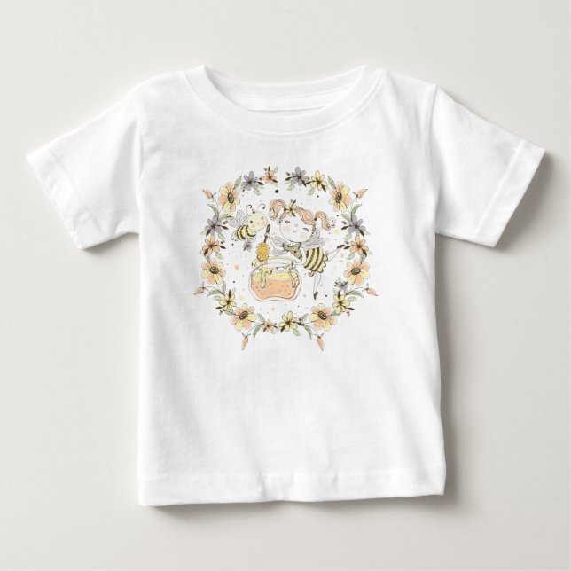 Honey Bees, Fairy & Baby Bees In Seamless Pattern Baby T-Shirt (Front)