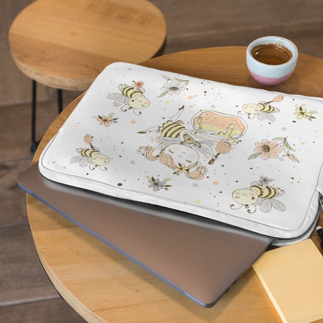 Honey Bees, Fairy & Baby Bees In Seamless Pattern Laptop Sleeve (Creator Uploaded)