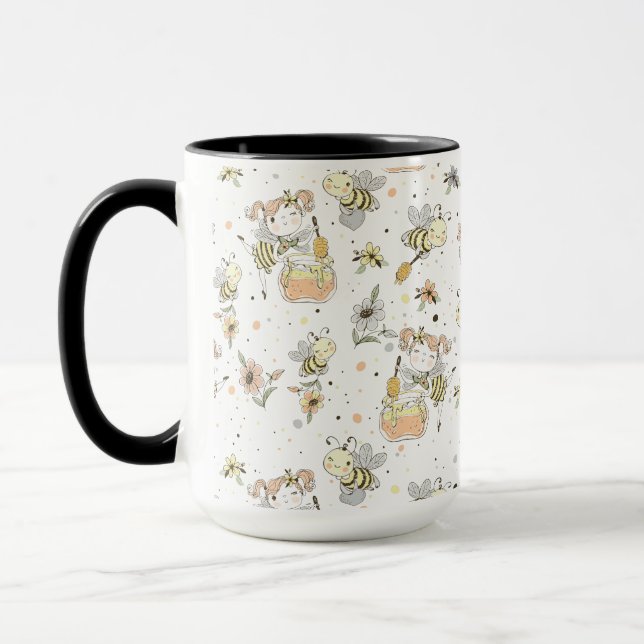 Honey Bees, Fairy & Baby Bees In Seamless Pattern Mug (Left)