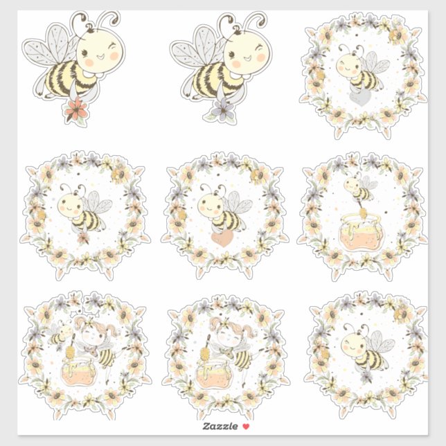 Honey Bees, Fairy & Baby Bees In Seamless Pattern Sticker (Sheet)