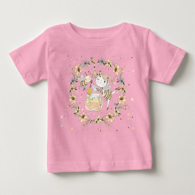 Honey Bees, Fairy & Baby Bees In Seamless Pattern T-Shirt (Front)