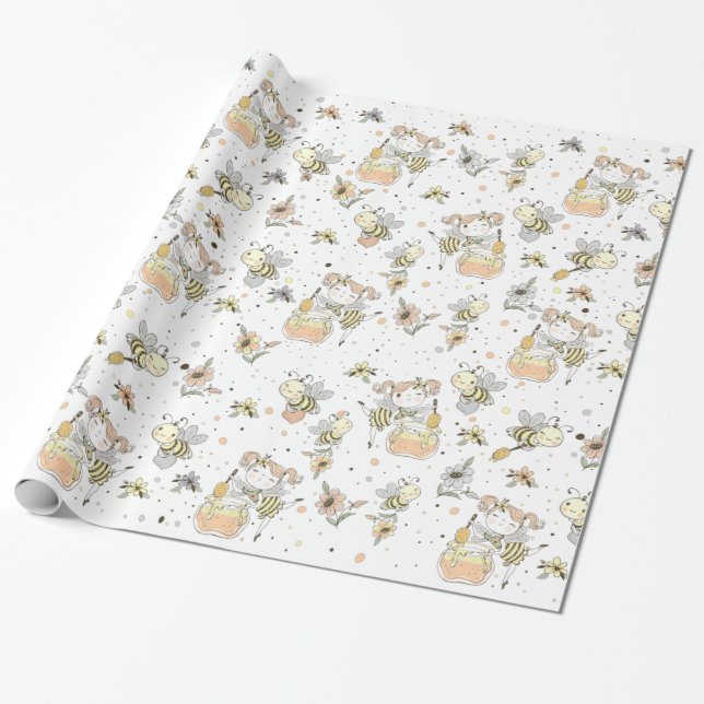 Honey Bees, Fairy & Baby Bees In Seamless Pattern Wrapping Paper (Unrolled)